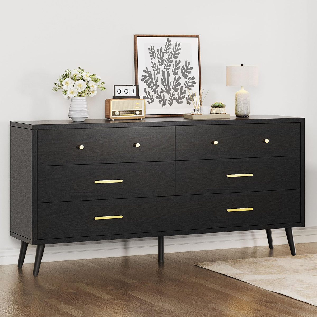 DWVO Black 6-Drawer Dresser with Black Metal Handles, Anti-Tip Design, – guiltshop.products