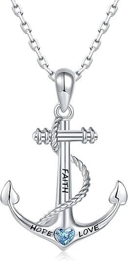 Gift for Wife Mother's Day Birthday Anniversary - 925 Sterling Silver Sailor Anchor Necklace for Women White Gold Plated Nautical Jewelry Faith Hope Love Inspirational Navy Pendant Gifts (Sailor Anchor Necklace, Women Gift)