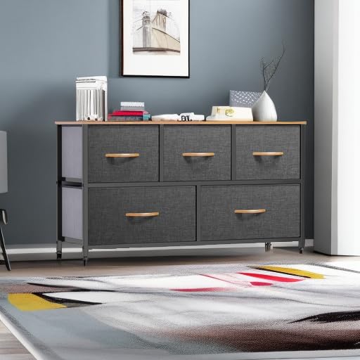 DWVO Dresser TV Stand, Fabric Dresser with 5 Drawers, Dresser for Bedroom, Wide Dresser, Storage Tower, Chest of Drawers for Closet, Living Room, Hallway, Dull Grey