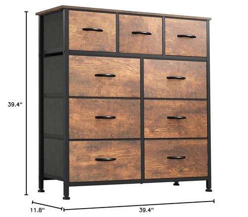 GOOBED Dresser for Bedroom with 9 Drawers - Fabric Storage Tower, Tall Chest Organizer Unit for Living Room, Entryway, Closets with Sturdy Steel Frame, Wooden Top