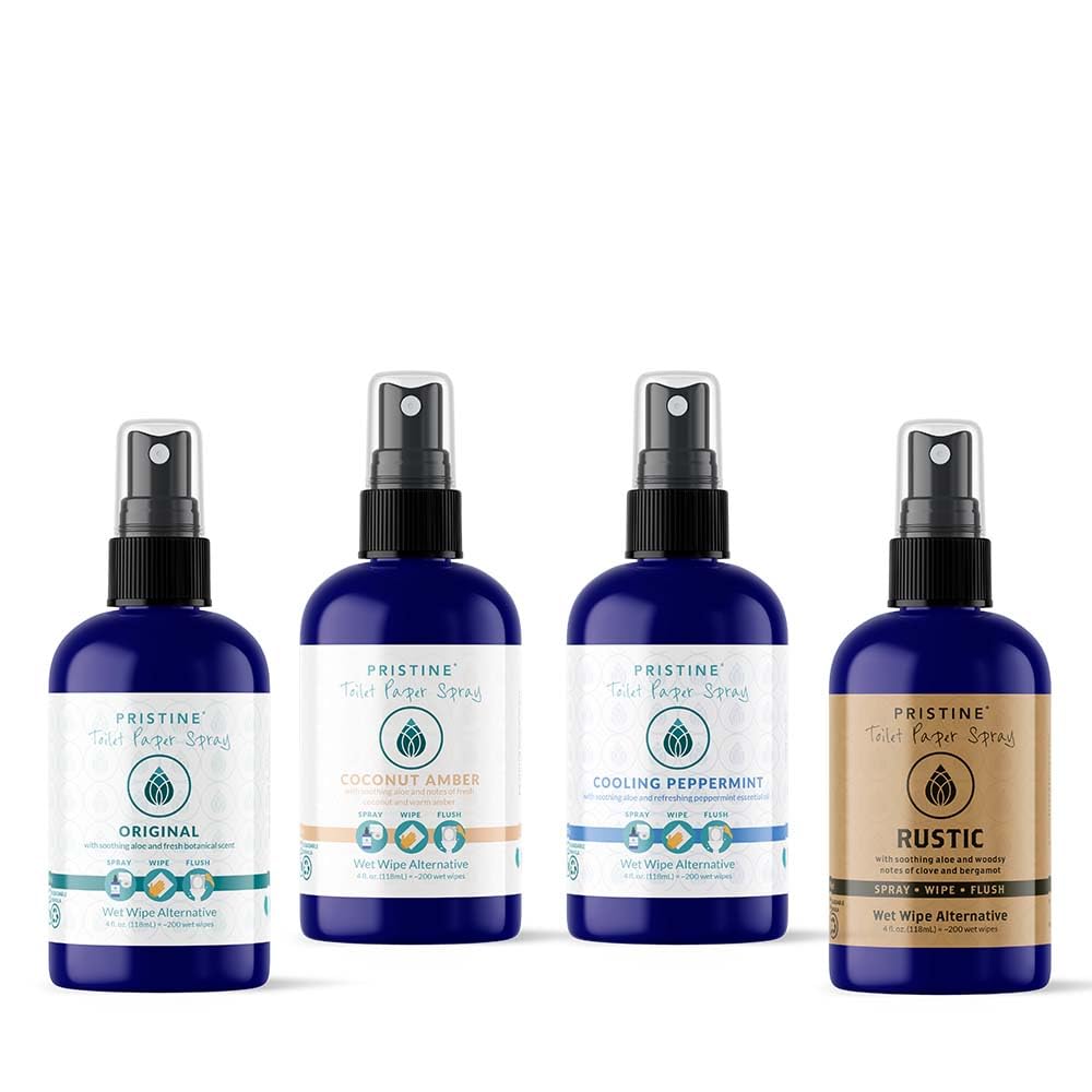 Pristine Toilet Paper Spray | As Seen on Shark Tank - 4 oz Multipack Bundle - Original, Cooling Peppermint, Rustic, Coconut Amber