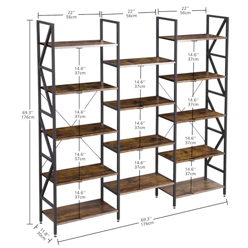 Bookshelves and Bookcases Triple Wide 5 Tiers Industrial Bookshelf,Tall Bookcase Shelf Storage Organizer, Modern Book Shelf for Bedroom, Living Room and Home Office, Vintage Brown