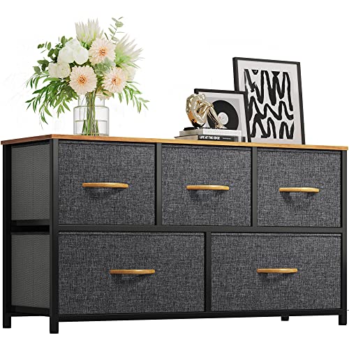GOOBED Dresser for Room with 5 Drawers - Fabric Storage Tower, Long Fabric Dresser, Organizer Unit for Room, Closet, Hallway