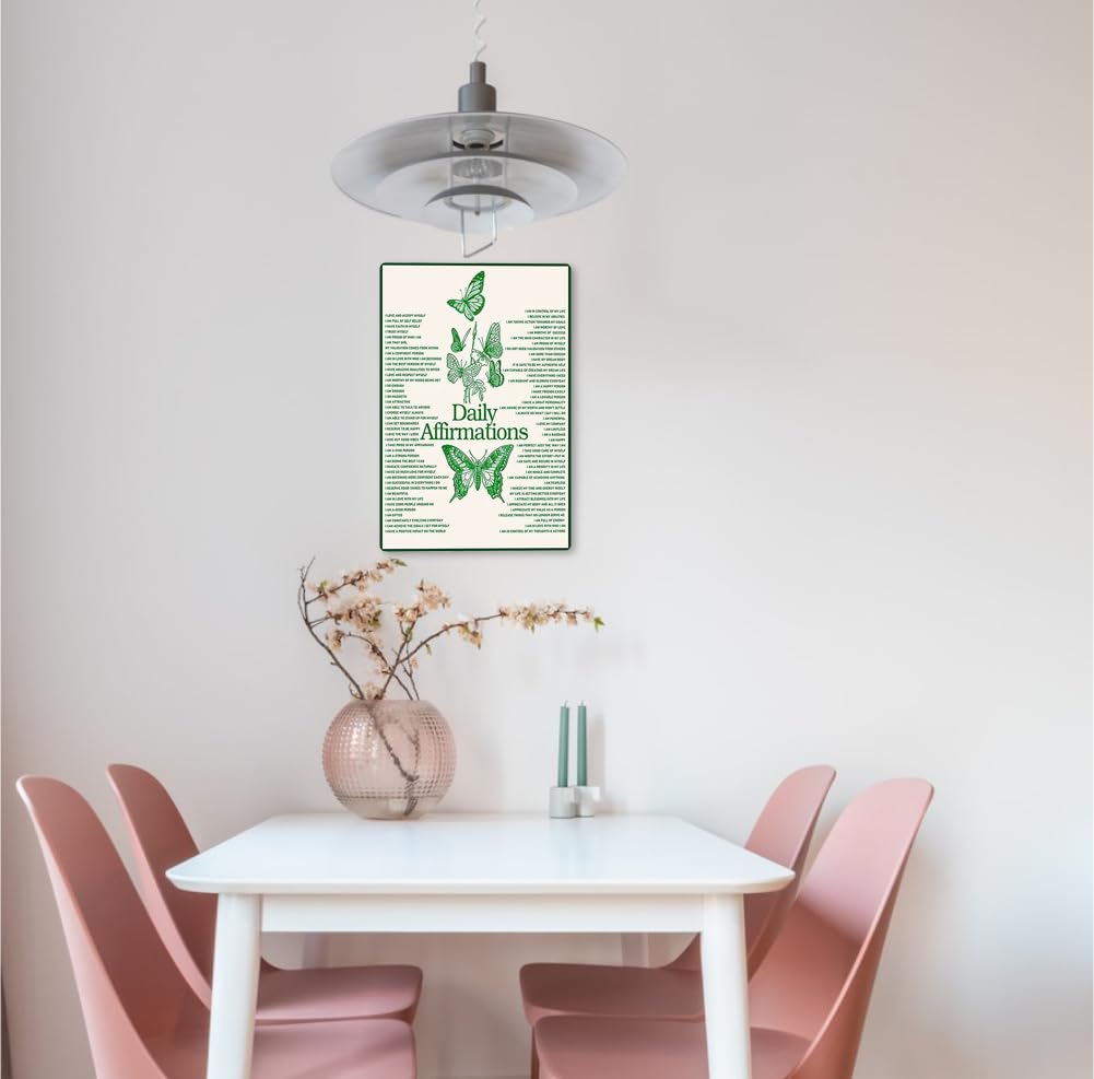 CUUCTGDA Daily Positive Affirmations Butterfly Posters Inspirational Metal Tin Sign Green Boho Room Aesthetic Decoration Home Kitchen Office Bedroom Wall Decor 8x12 Inch