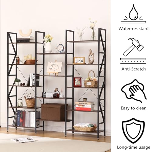 Bookshelves and Bookcases Triple Wide 5 Tiers Industrial Bookshelf,Tall Bookcase Shelf Storage Organizer, Modern Book Shelf for Bedroom, Living Room and Home Office, Vintage Brown