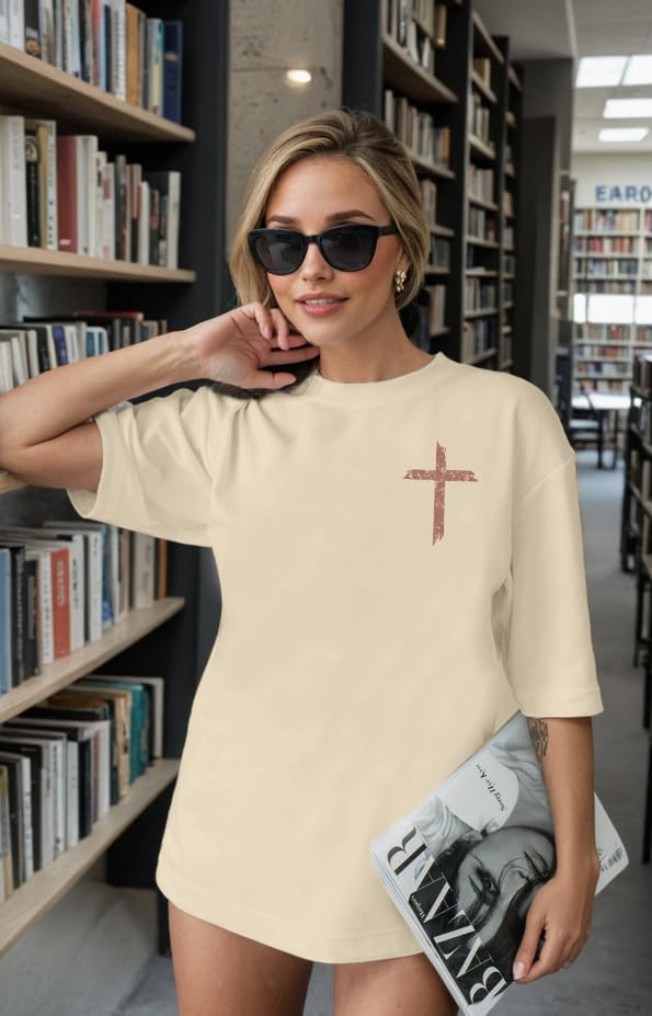 Oversized Faith Shirts for Women Christian Shirt Jesus Cross Graphic Tees Religious Sayings Short Sleeve Tops Apricot
