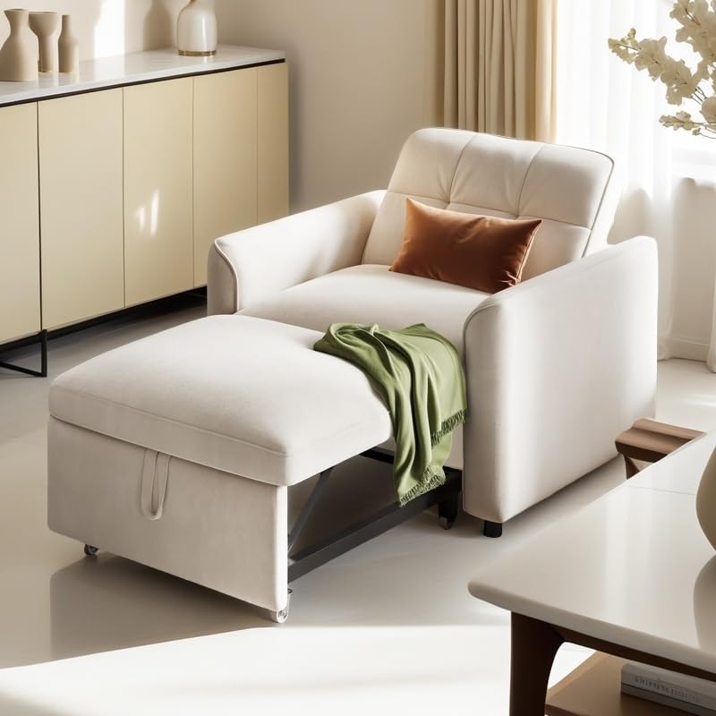 YITAHOME Convertible Sofa Chair Bed, 3-in-1 Sleeper Sofa with Pull-Out Bed, Velvet Fabric Single Sleeper Chair with Reclining and Button Tufted Backrest, Modern Lounge Chair for Small Space, Beige