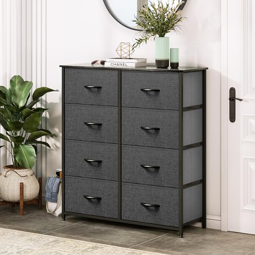 DWVO Dresser for Bedroom, Fabric Tower with 8 Drawers, Tall Dresser, Chest of Drawers for Closet, Living Room, Sturdy Steel Frame, Wooden Top, Easy Pull Handle, Black Ash