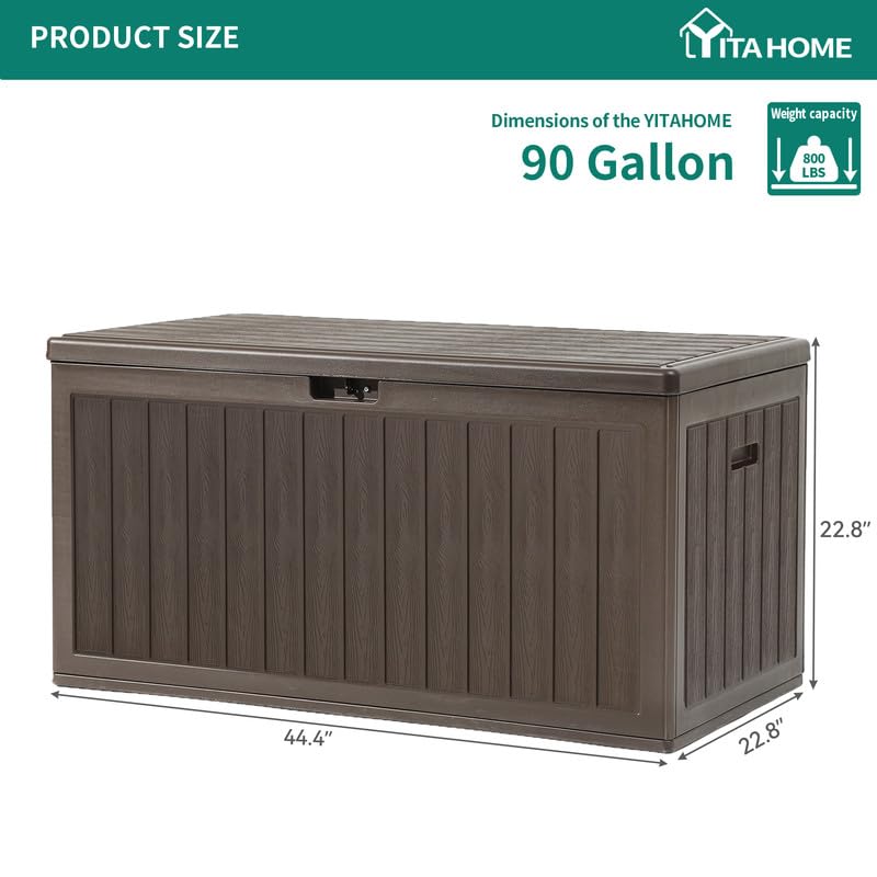 YITAHOME 90 Gallon Large Deck Box, Double-Wall Resin Outdoor Storage Boxes, Deck Storage for Patio Furniture, Cushions, Pool Float, Garden Tools, Lockable & Waterproof (Brown)