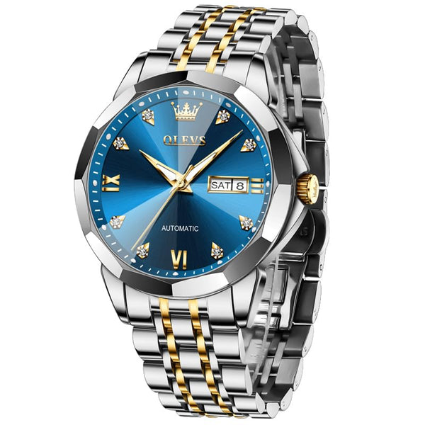 OLEVS Men Watch Mechanical Blue Watches for Men Gold and Silver Two Tone Stainless Steel Automatic Wrist Watches Self Winding Large Face Luxury Dress Mens Watch with Day Date Relojes De Hombre
