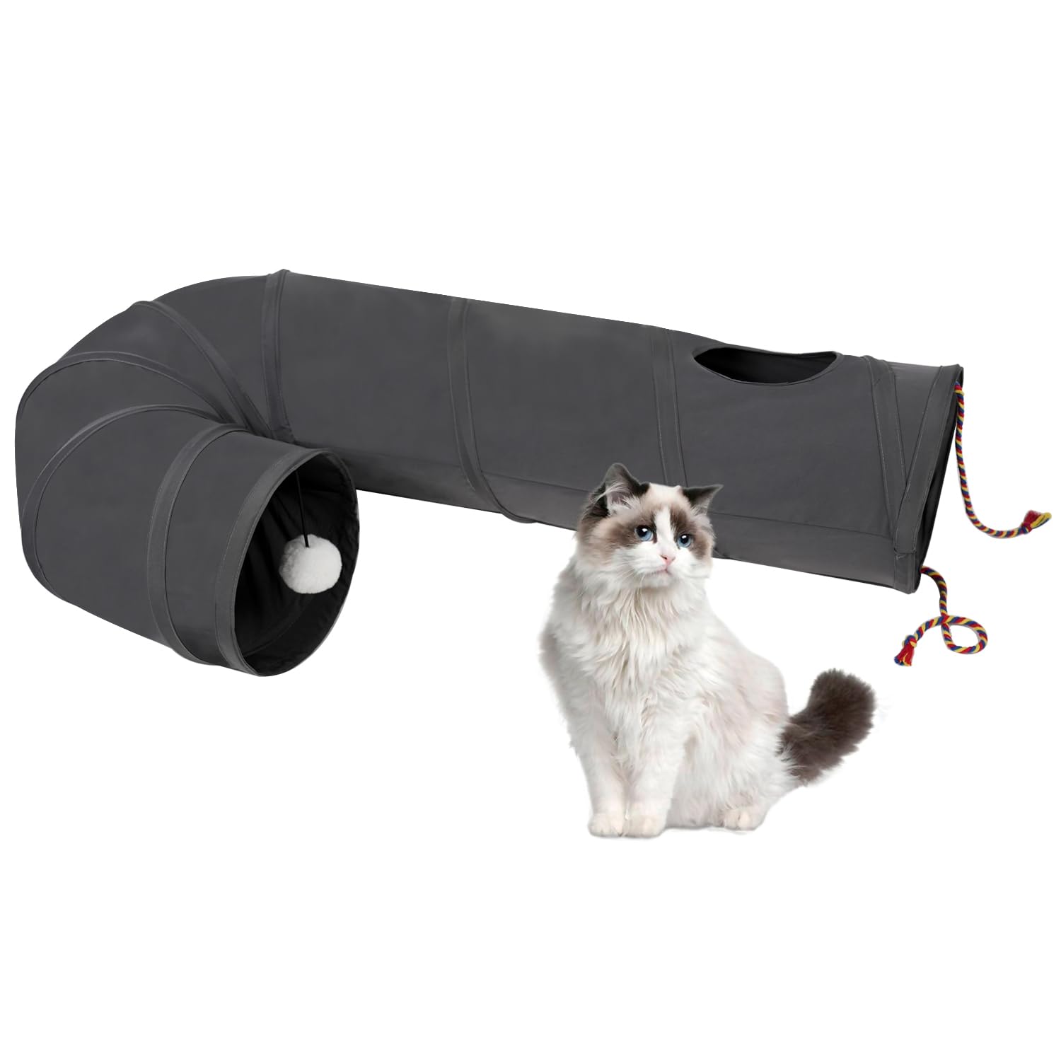 PAOPO Cat Tunnel, 2-Way Collapsible Cat Tube with Interactive Peek-A-Boo Hole, Toy Ball, and Rope – Ideal for Indoor Cats, Kittens, and Rabbits, Dark Gray