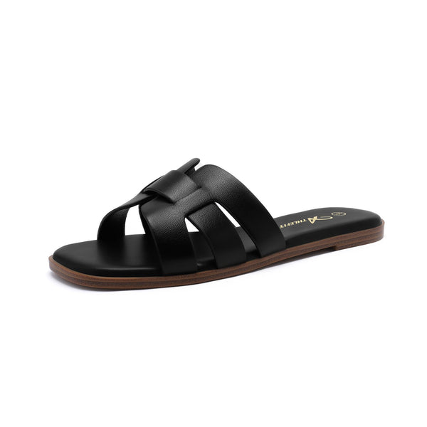Athlefit Women's Black Flat Sandals Fashion Square Open Toe Dressy Summer Slip On Leather Slide Sandals Size 5.5