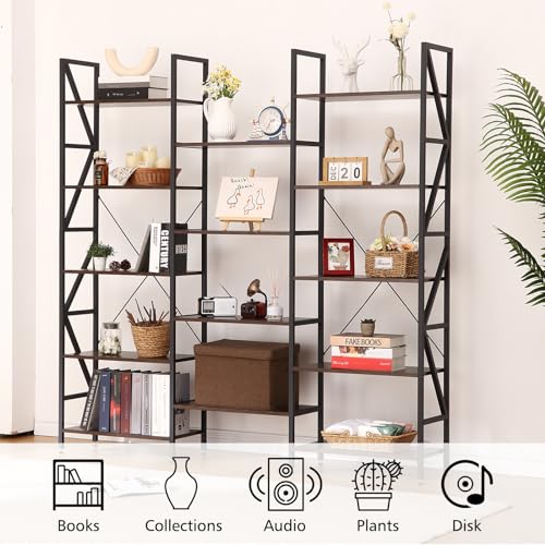 Bookshelves and Bookcases Triple Wide 5 Tiers Industrial Bookshelf,Tall Bookcase Shelf Storage Organizer, Modern Book Shelf for Bedroom, Living Room and Home Office, Vintage Brown