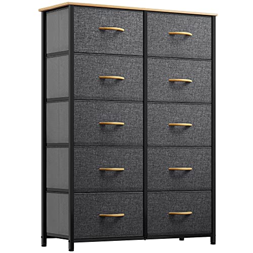GOOBED 10 Drawers Dresser, Fabric Dresser, Tall Chest Organizer Unit for Living Room, Hallway, Closets, Sturdy Steel Frame, Wooden Top