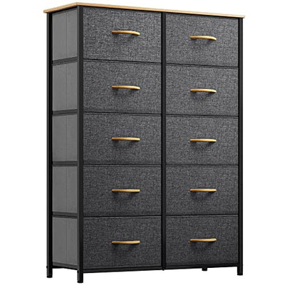GOOBED 10 Drawers Dresser, Fabric Dresser, Tall Chest Organizer Unit for Living Room, Hallway, Closets, Sturdy Steel Frame, Wooden Top