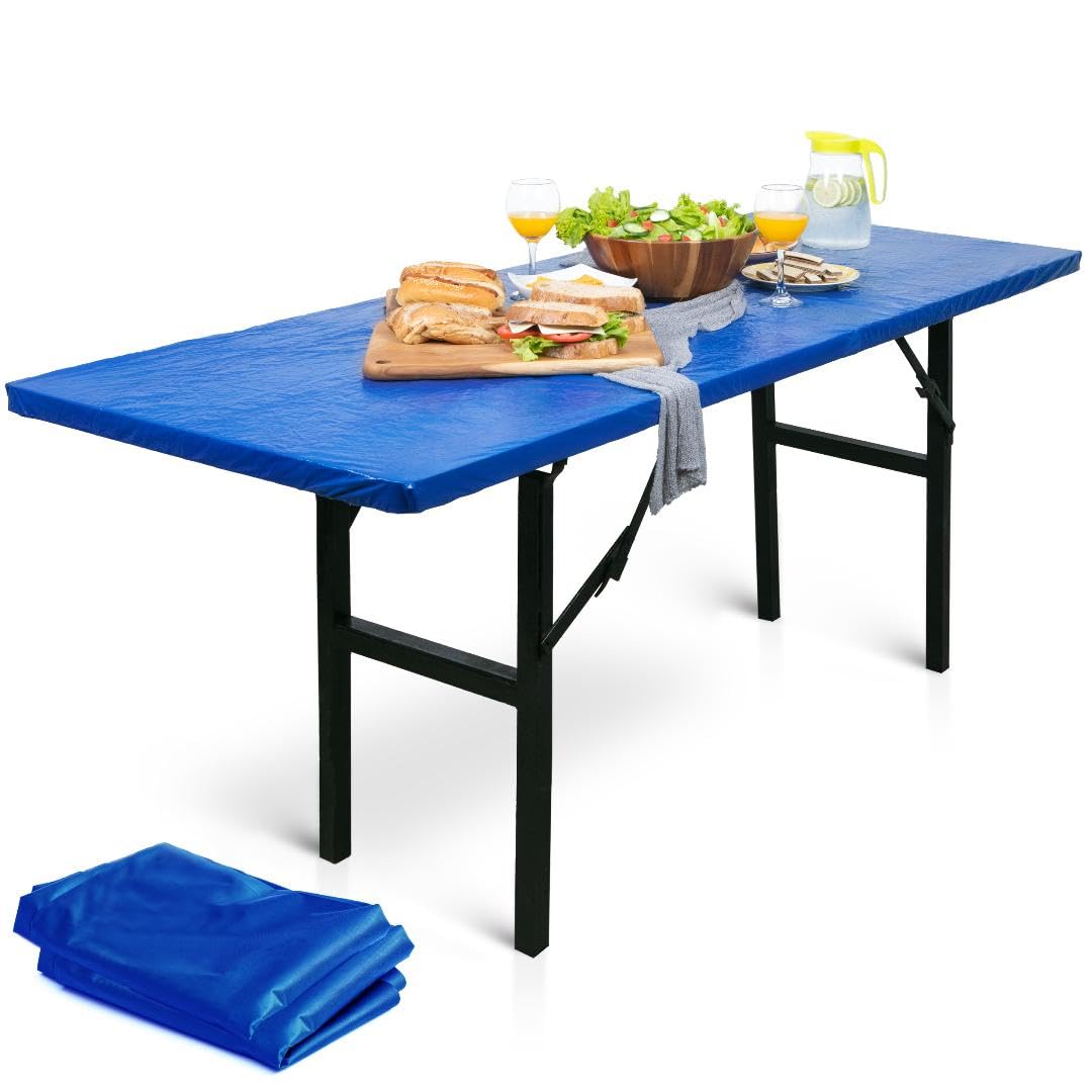 LINPRO 2Pk Plastic Table Cloths, 8ft Disposable Tablecloths for Parties & Folding Tables Waterproof Outdoor Fitted Camping Picnic Table Cover with Elastic Blue