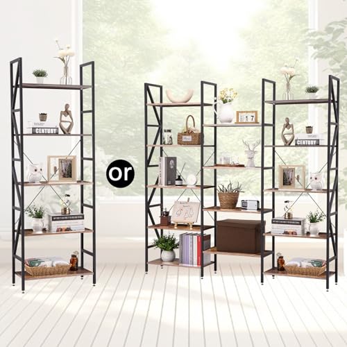 Bookshelves and Bookcases Triple Wide 5 Tiers Industrial Bookshelf,Tall Bookcase Shelf Storage Organizer, Modern Book Shelf for Bedroom, Living Room and Home Office, Vintage Brown