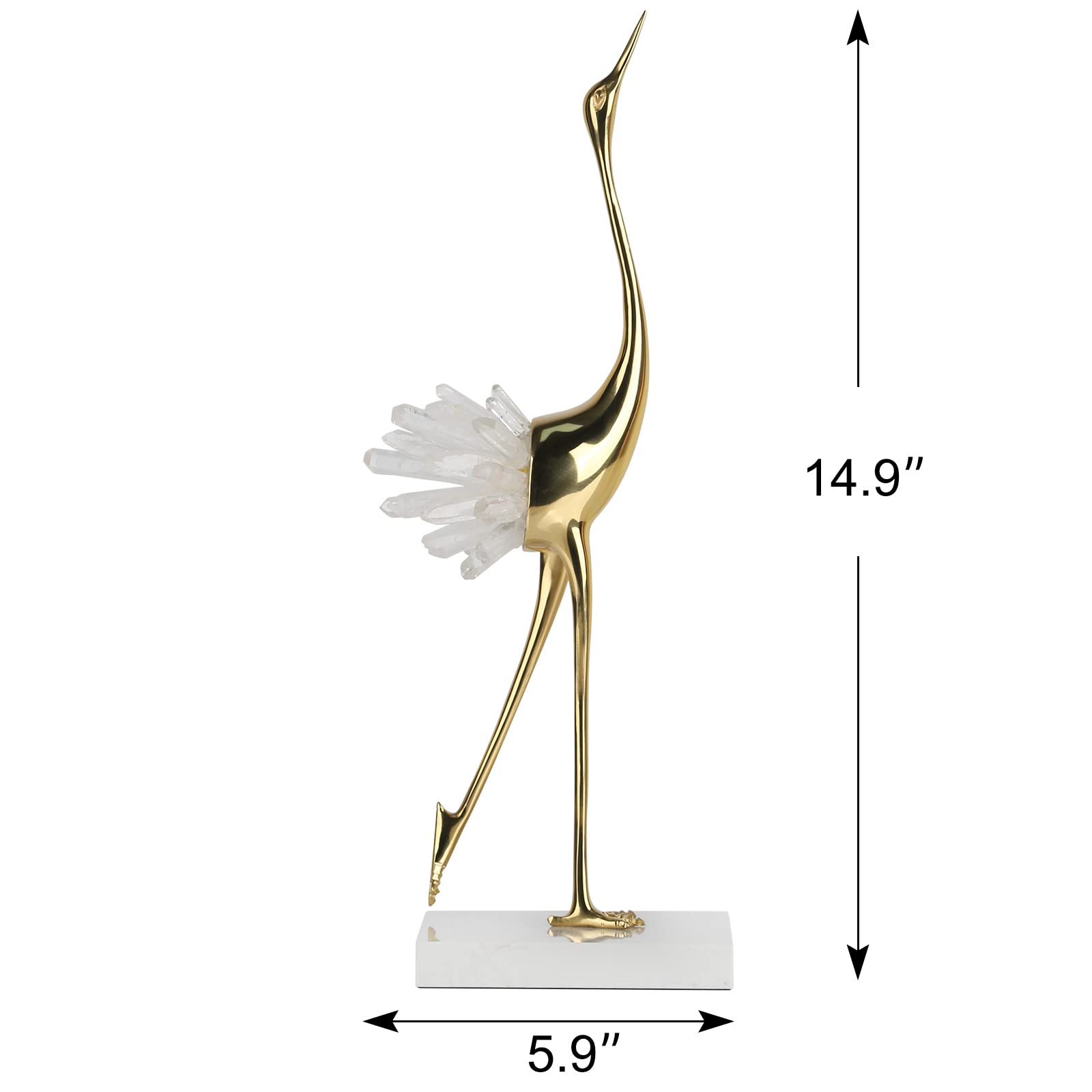 suruim Elegant Gold Crane Bird Statues with Crystal Tail Accents, Decorative Brass Figurines for Home Decor (White A)