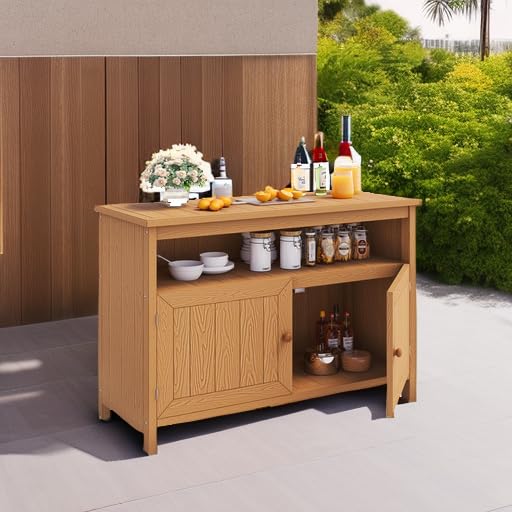 DWVO Poly Lumber Outdoor Sideboard, Patio Bar Table with Storage and Shelves, Weather Resistant Storage Cabinet for Outdoor, Pool and Garden - Brown