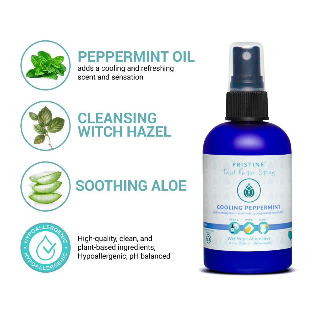 Pristine Toilet Paper Spray: As Seen on Shark Tank, the More Natural Alternative to Flushable Wet Wipes & Personal Cleansing Wipes, Spray Dry Toilet Paper to Create a Flushable Wipe - Peppermint