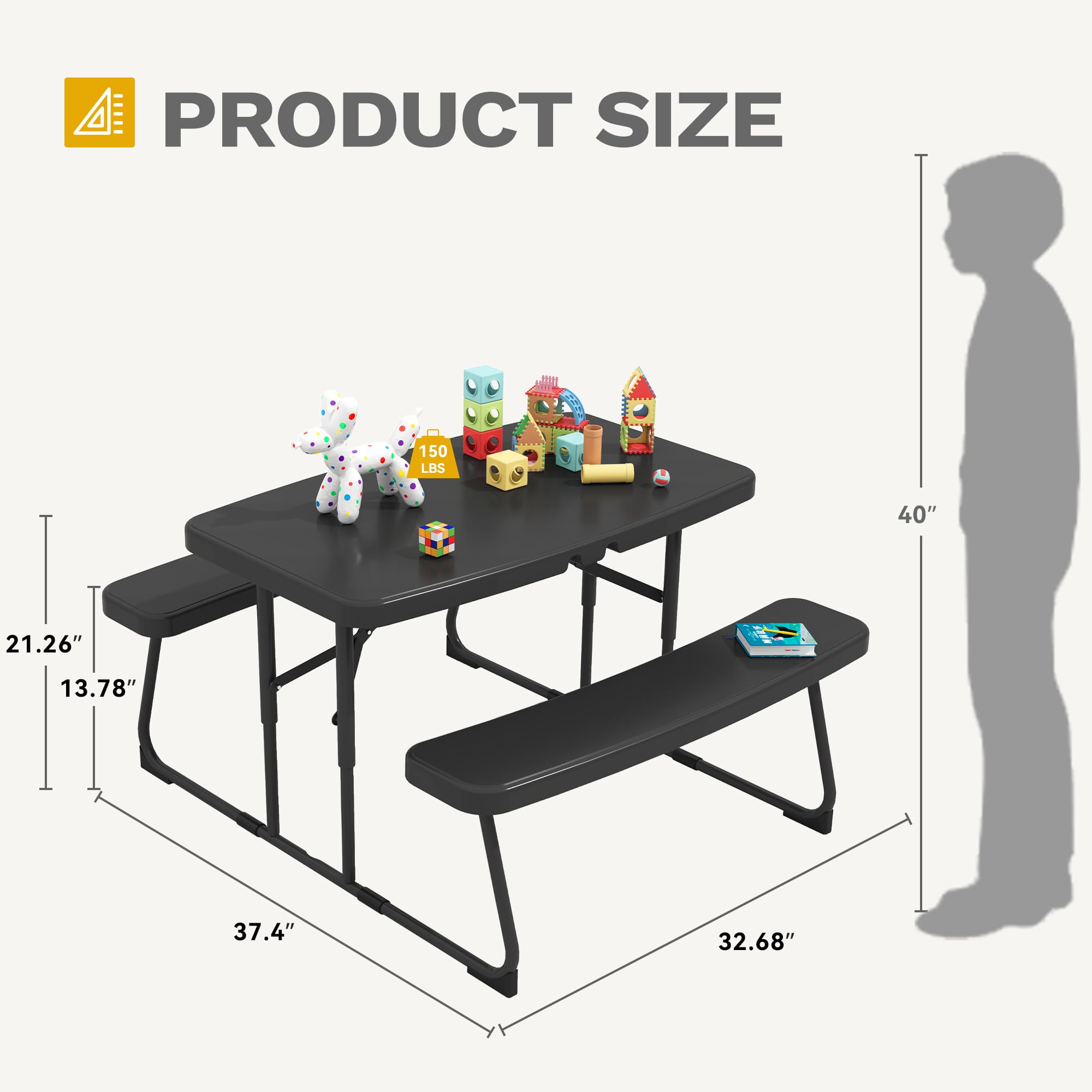 DWVO 37" Picnic Table, Folding Picnic Tables for Outdoors with Weather Resistant Resin Tabletop & Stable Steel Frame for Yard Patio Lawn Party, Black