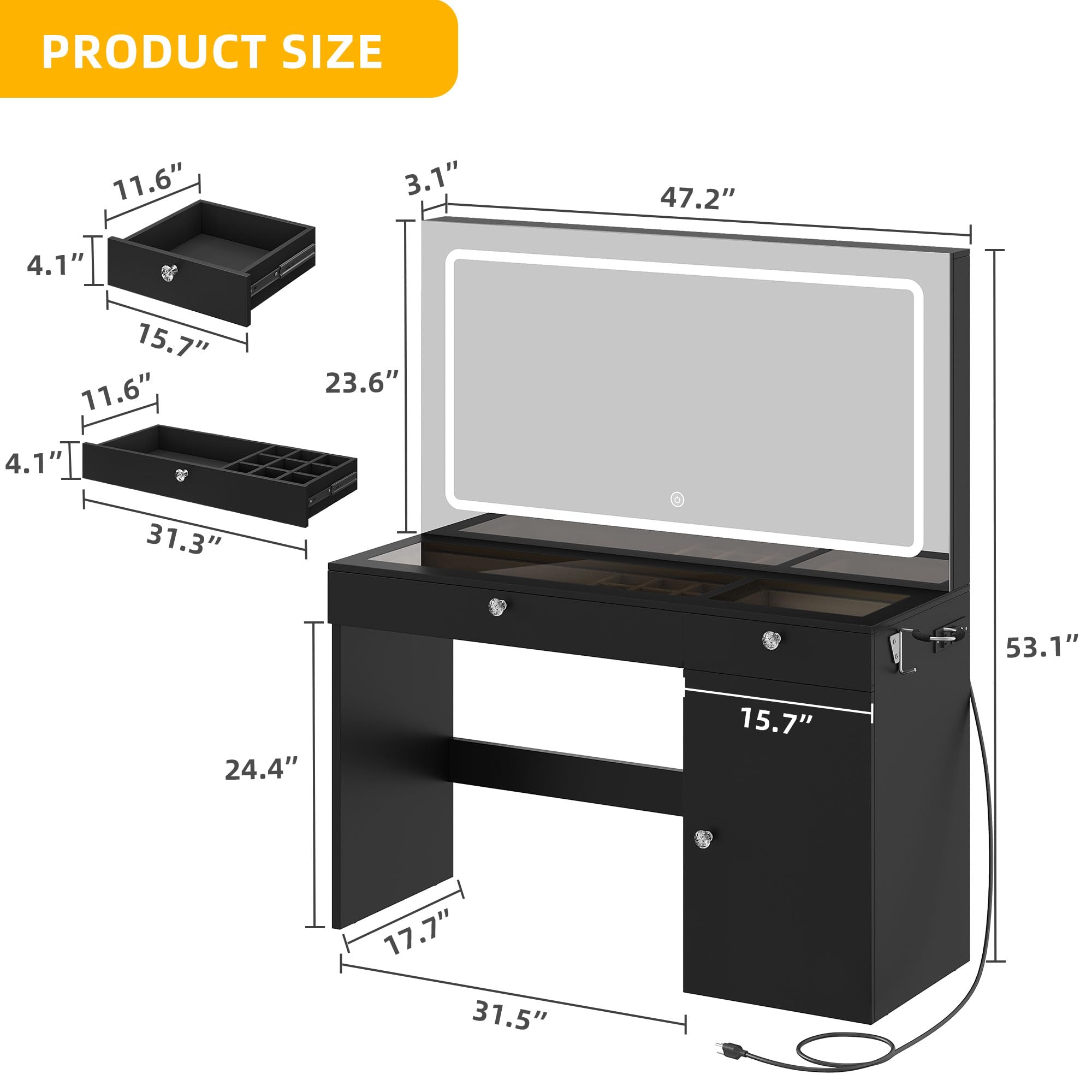 DWVO Vanity Desk with Large LED Mirror, Power Outlet, 47" Makeup Vanity Table with Mirror with 3 Lighting Modes, 4 Drawers, for Bedroom, Black