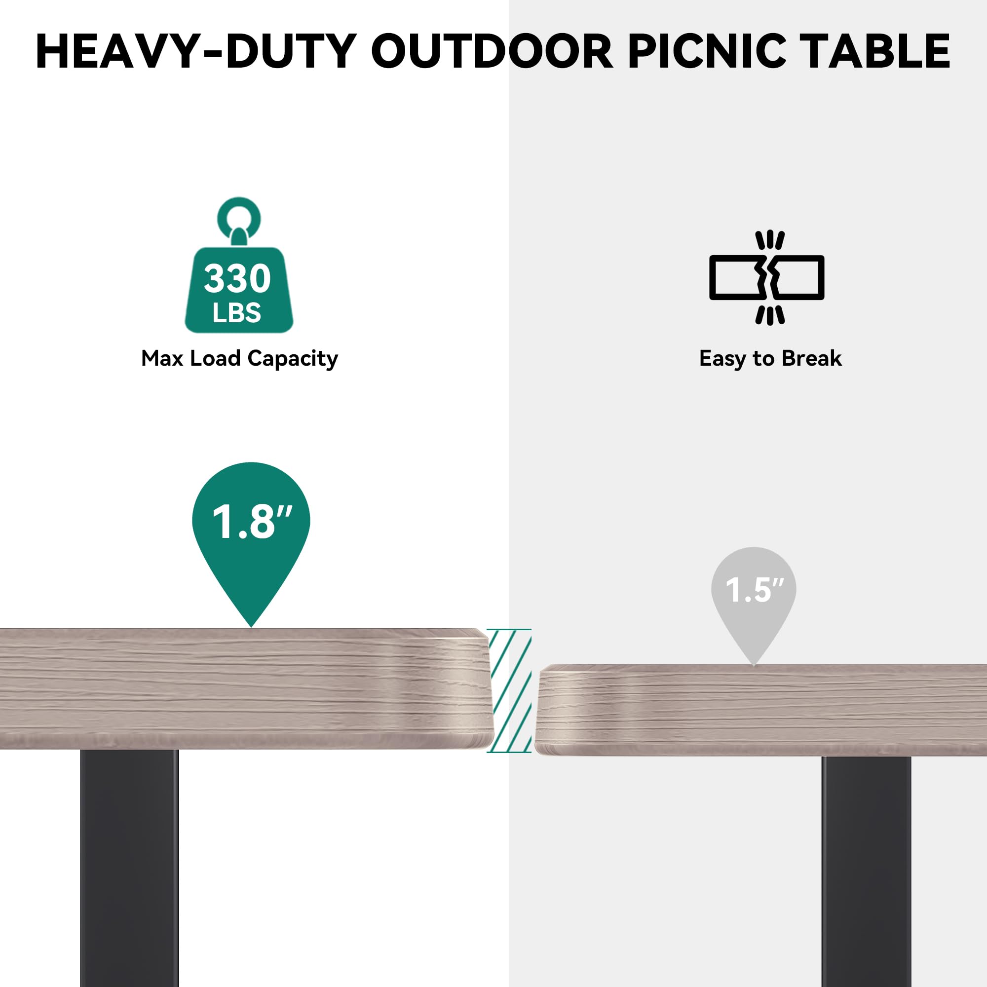 DWVO 6FT Picnic Table, Heavy Duty Outdoor Picnic Table and Bench w/Umbrella Hole, Resin Tabletop & Stable Steel Frame Ideal for Yard Patio Lawn Party, Light Brown