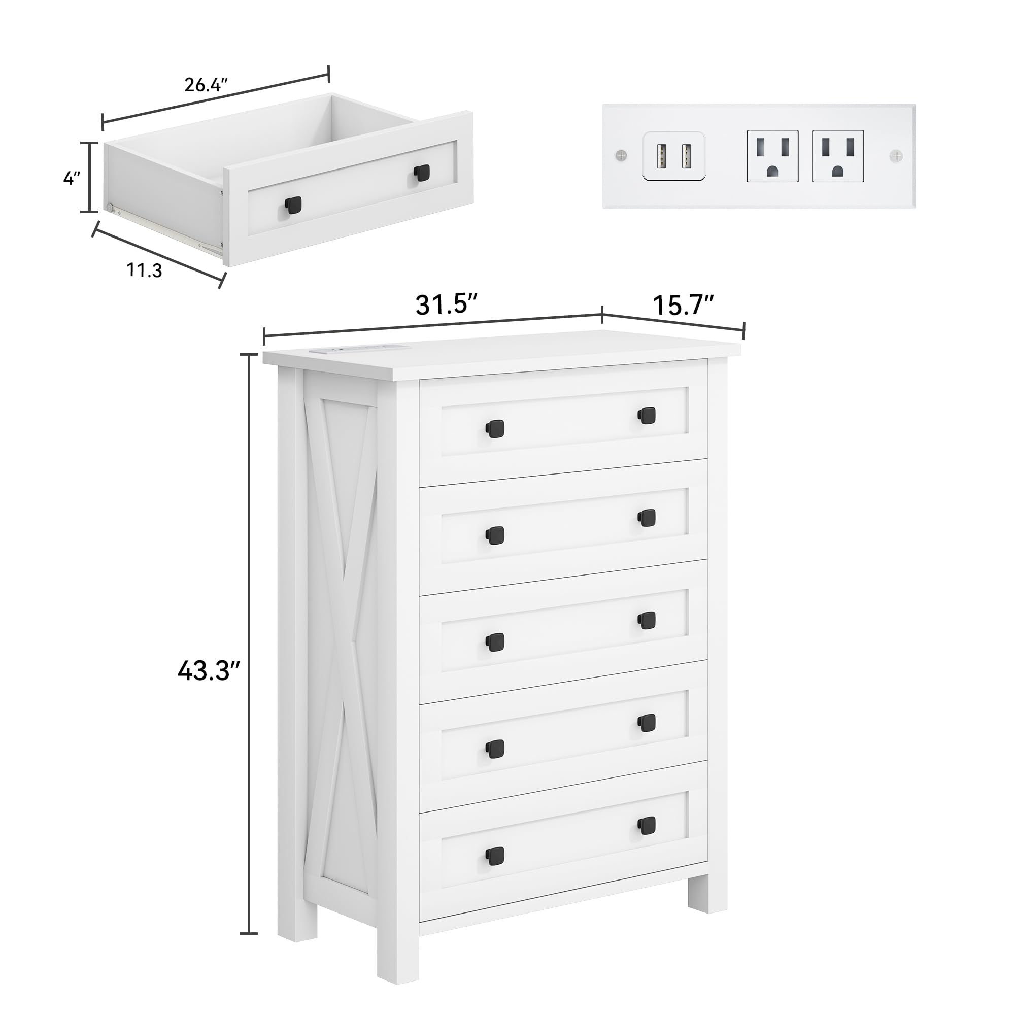 DWVO White Dresser, 5 Chest of Drawer Dresser, Modern Tall Nightstand with Deep Drawers, Organizer Drawers