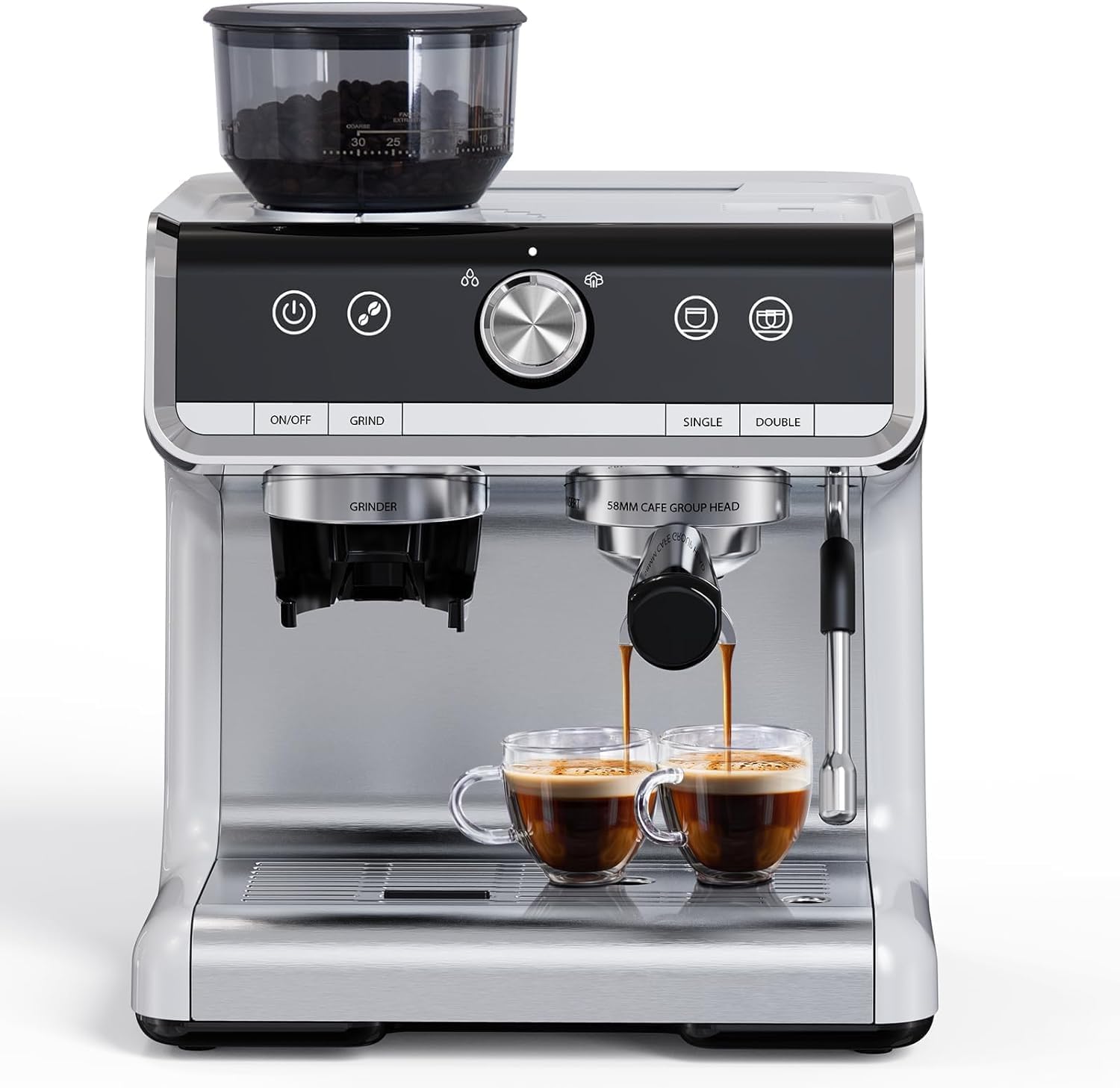 GarveeTech Semi-Automatic Espresso Machine - 1450W/20 Bar Professional Coffee Machine, 30 Grinder Settings, Fast Heating, Milk Frother Steam Wand, Home & Hotel Use, silver gray
