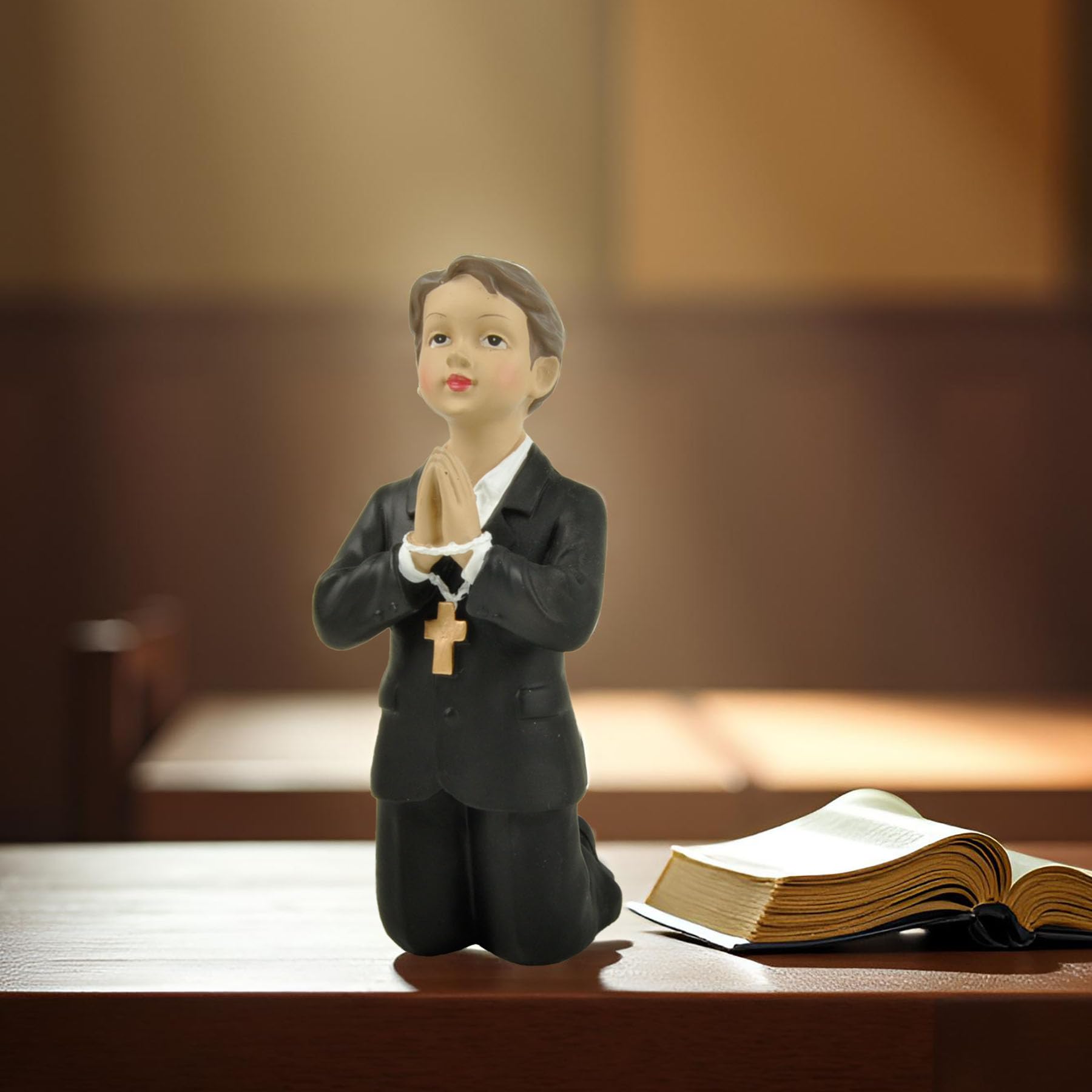 PlentifulHome First Holy Communion Boy Statue – 4.92” Resin Catholic Figurine, Baptism Gift for Boys, Religious Cake Topper, Table Centerpiece Keepsake