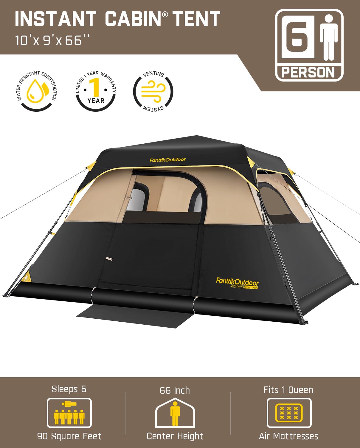 FanttikOutdoor Zeta C6 Pro Camping Tent 6 Person Instant Cabin Tent Setup in 60 Seconds with Rainfly & Windproof Portable with Carry Bag for Family Camping & Hiking, Khaki