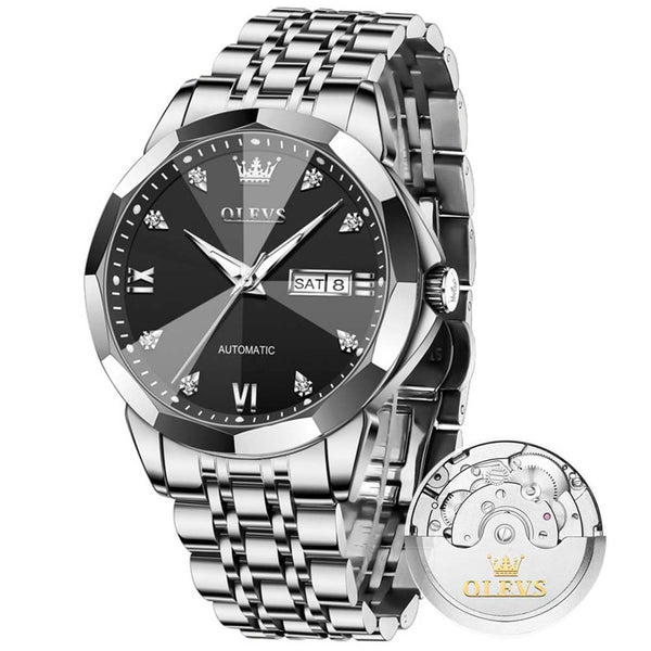 OLEVS Watch Men Black Silver Automatic Stainless Steel Classic Luxury Dress Men Watch Self Winding Date Large Face Waterproof Mens Watches