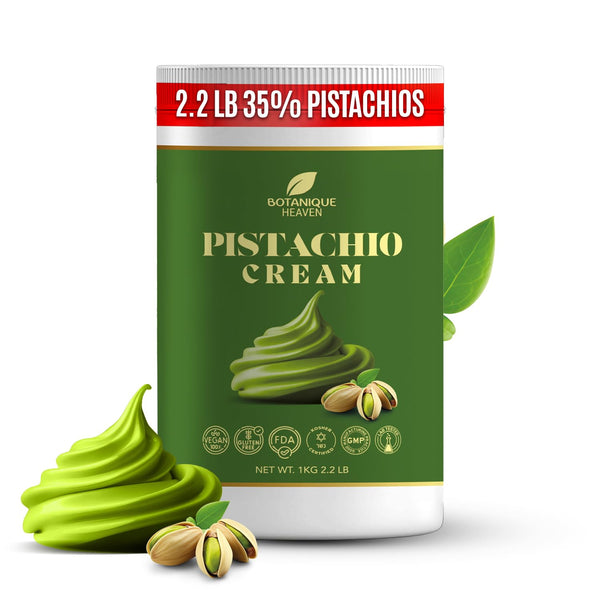 Botanique Heaven Premium Pistachio Cream – 35% Pistachio Content | 2.2 lb (1 kg) Bulk Tub | Sweet Nut Spread & Paste for Viral Dubai Chocolate Bar, Kataifi/Knafeh Filling, Desserts & Baking | Vegan, Halal, Kosher | GMP, FDA-Registered Facility