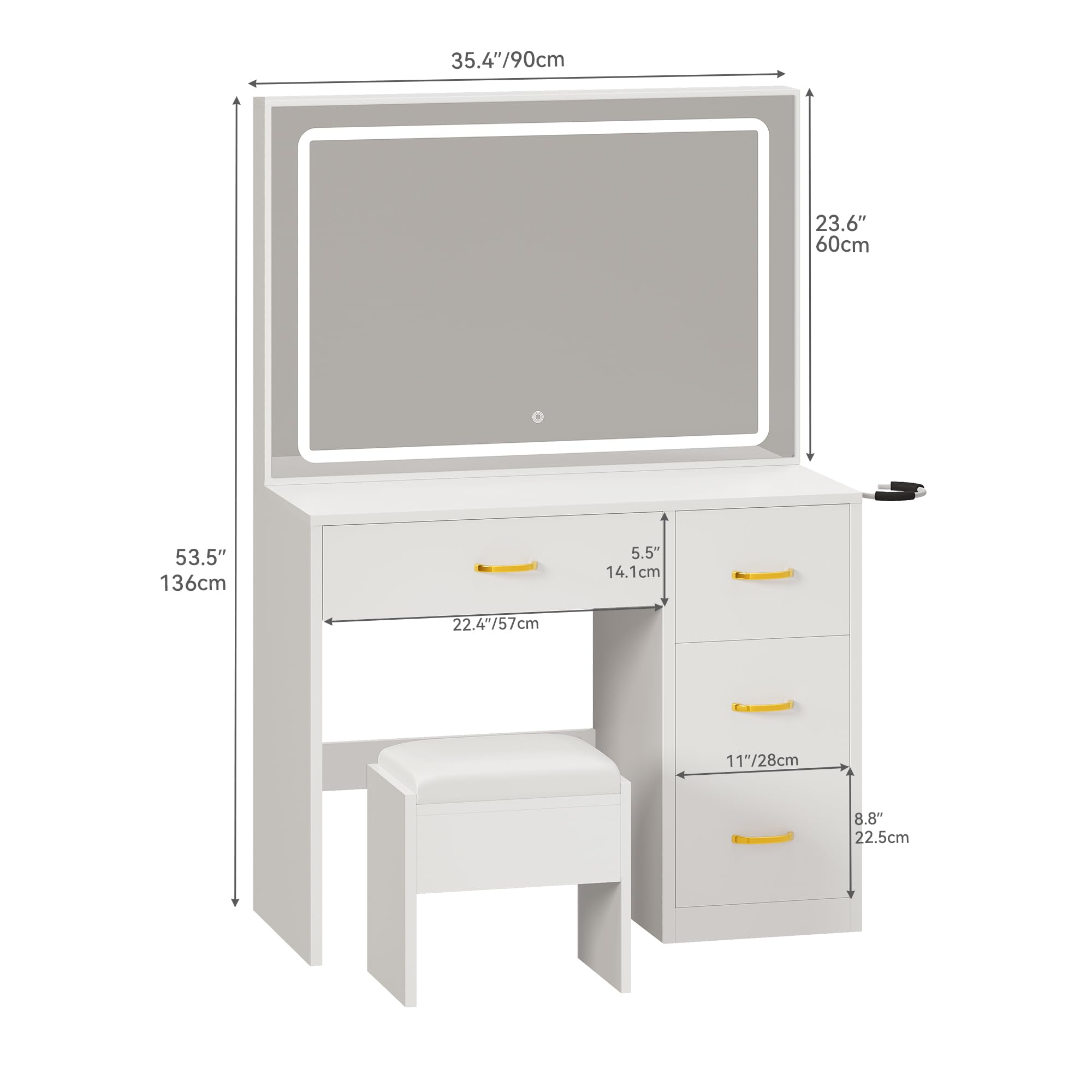 YITAHOME Vanity Desk Set with Large 35" LED Mirror and Lights, Makeup Table with 4 Drawers & Stool, 2 AC Outlets and 2 USB Ports, Adjustable Lighting, Modern Ample Storage Dressing Table, White