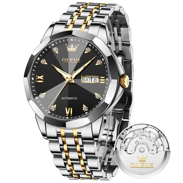 OLEVS Watch Men Black Mechanical Classic Luxury Dress Watches for Men Day Date Big Face Self Winding Two Tone Stainless Steel Waterproof Mens Watch