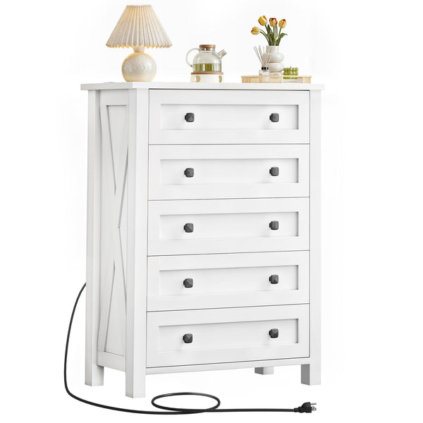 DWVO Farmhouse 5 Drawer Dresser for Bedroom with Power Outlets, Modern Tall Nightstand with Deep Drawers, Wood White Closet Dresser for Living Room, Entryway, Hallway