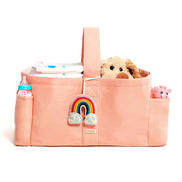 Folkulture Baby Diaper Caddy | Cotton Diaper Bag for Kids - Stylish Comfort Spacious Travel Essential Cart | Nursery Storage Bin and Car Organizer for Diapers, Wipes - (Powder Pink -15
