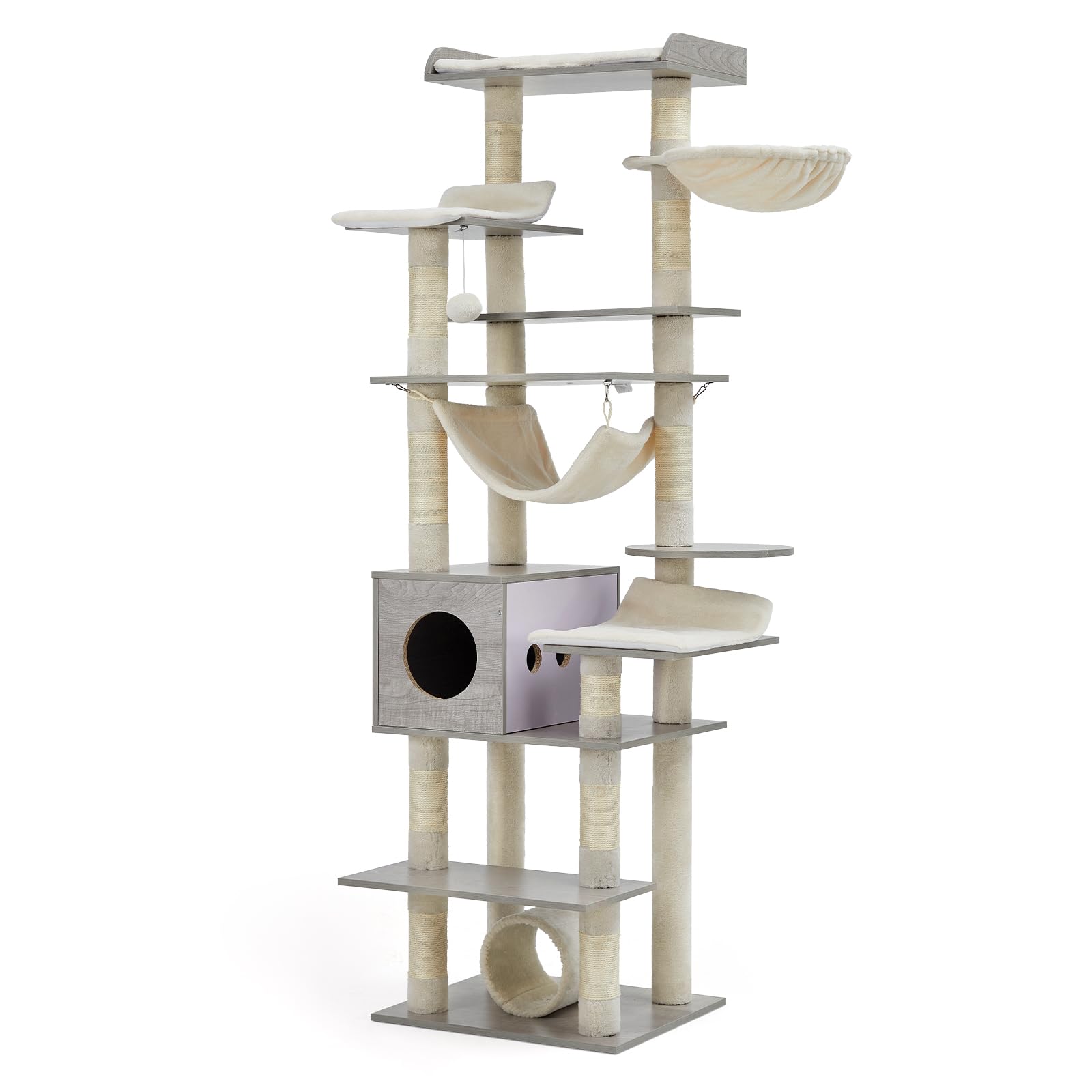 GOCAPTAIN 67" Large Cat Tree for Big Cats,Multi-Level Tower with Scratching Posts, Condo, Perches, Hammock, Tunnel & Feeding Station,Retro Light Gray