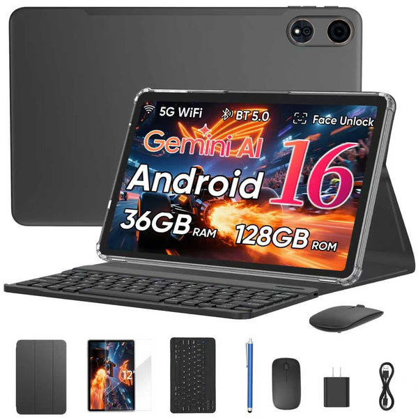 JIKOCXN Android 16 Tablet 12 inch Tablets, 36GB RAM + 128 Storage(Expandable up to 2TB), 2 in 1 Tablet with Keyboard Case Mouse Stylus, Octa-Core, 2K Display, 18 MP Dual Camera, 8000mAh, 5GWiFi, GPS