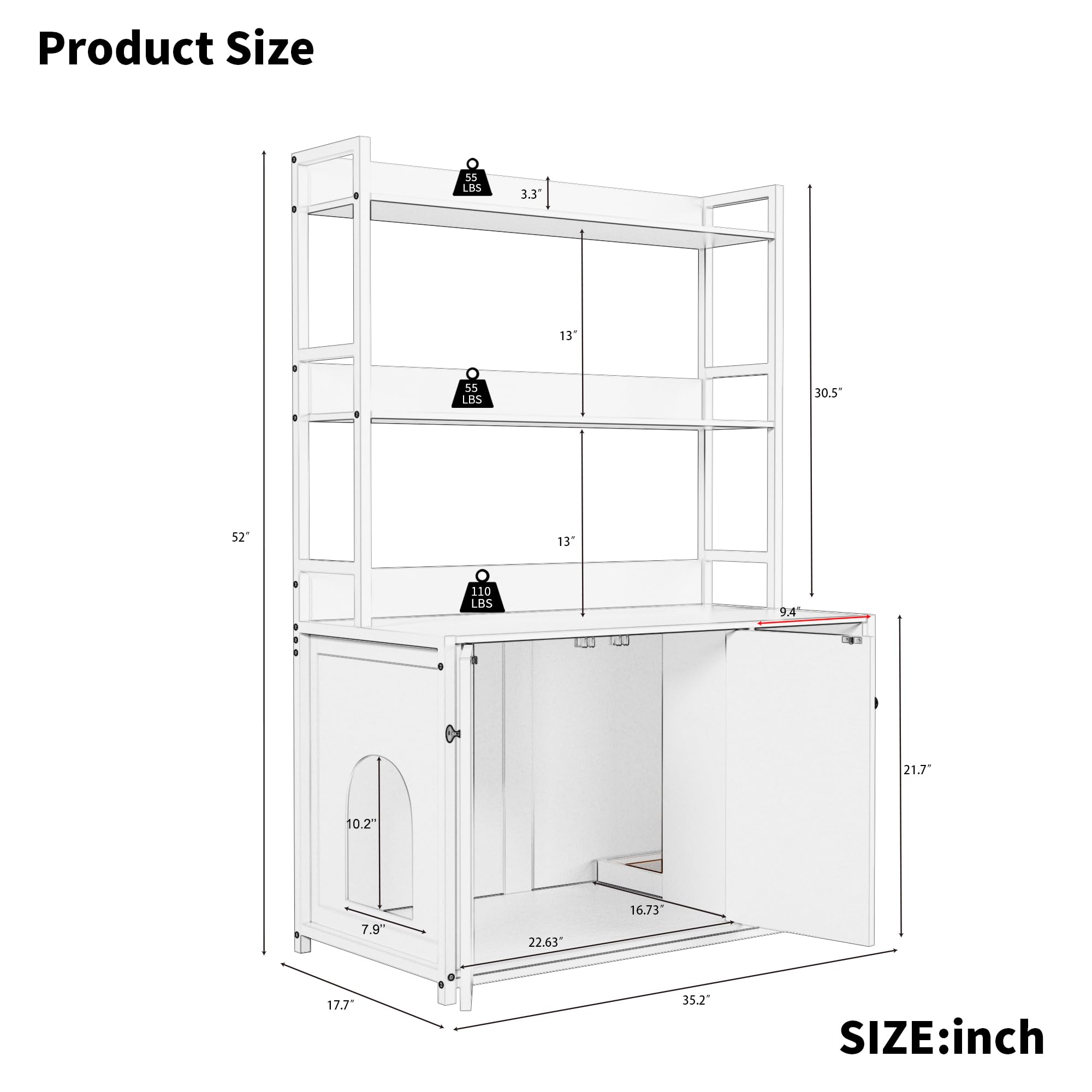 GarveeLife Large Litter Box Enclosure with Shelves and Doors, 52'' Litter Box Bookshelf Cat Box Furniture for Most of Litter Box Hidden Kitty Cat Litter Box Enclosure Cabinet with Scratch Pad Brown
