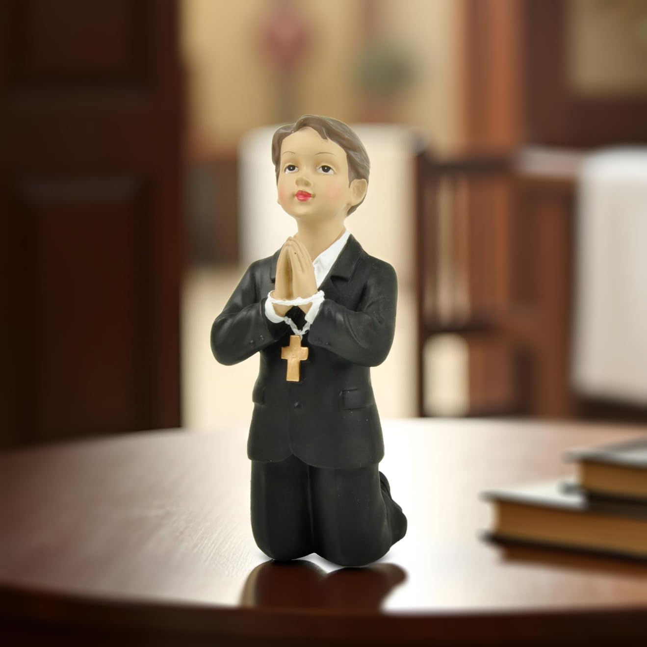 PlentifulHome First Holy Communion Boy Statue – 4.92” Resin Catholic Figurine, Baptism Gift for Boys, Religious Cake Topper, Table Centerpiece Keepsake