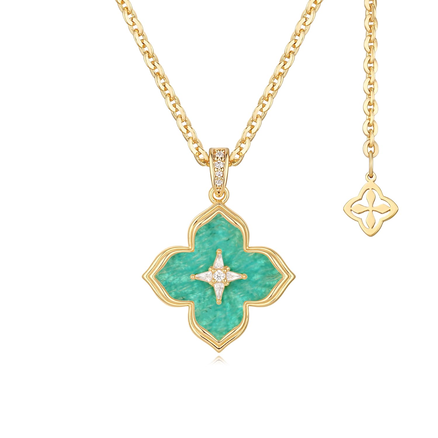 MYEARS Women Gold Necklace Clover Pendant Gemstone Green Amazonite Cubic Zirconia 14K Simple Dainty Chain Everyday Trendy Lucky Flower Jewelry