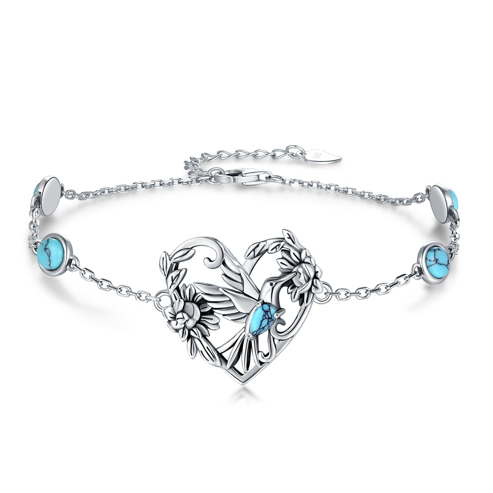S925-Sterling-Silver Turquoise Dragonfly Sunflower/Hummingbird/Cross/Anchor Bracelet - Vintage Bohemian Bracelets Victorian Style Jewelry Christmas Birthday Gifts for Women (Hummingbird)