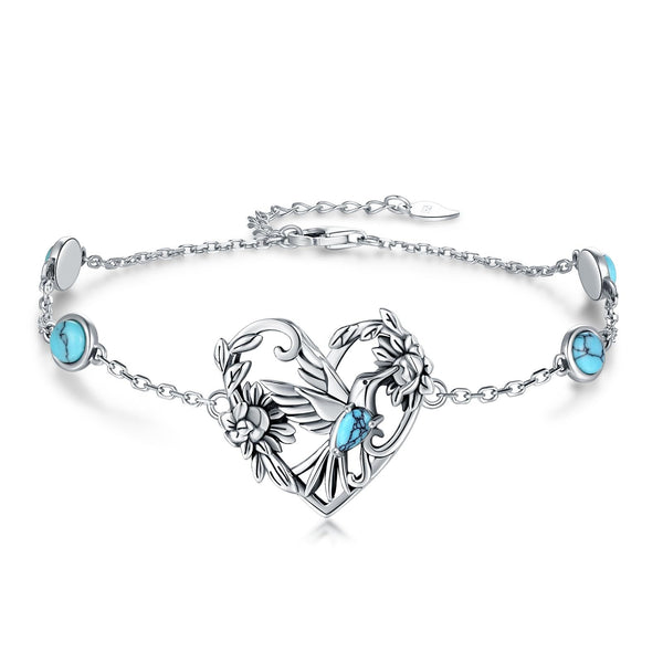 S925-Sterling-Silver Turquoise Dragonfly Sunflower/Hummingbird/Cross/Anchor Bracelet - Vintage Bohemian Bracelets Victorian Style Jewelry Christmas Birthday Gifts for Women (Hummingbird)