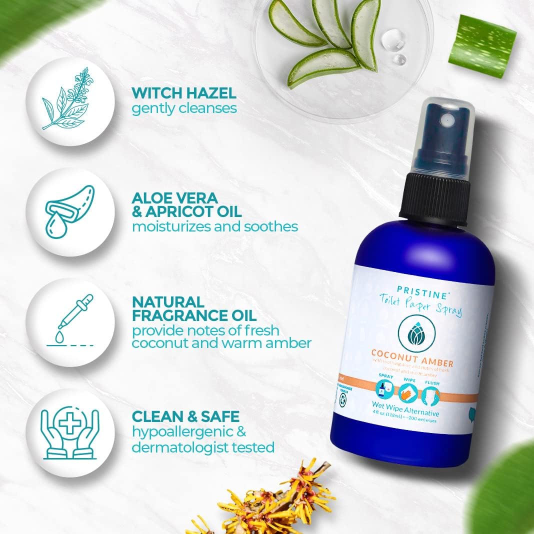 Pristine Toilet Paper Spray: As Seen on Shark Tank, the More Natural Alternative to Flushable Wet Wipes & Personal Cleansing Wipes, Spray Dry Toilet Paper to Create a Flushable Wipe - Coconut Amber