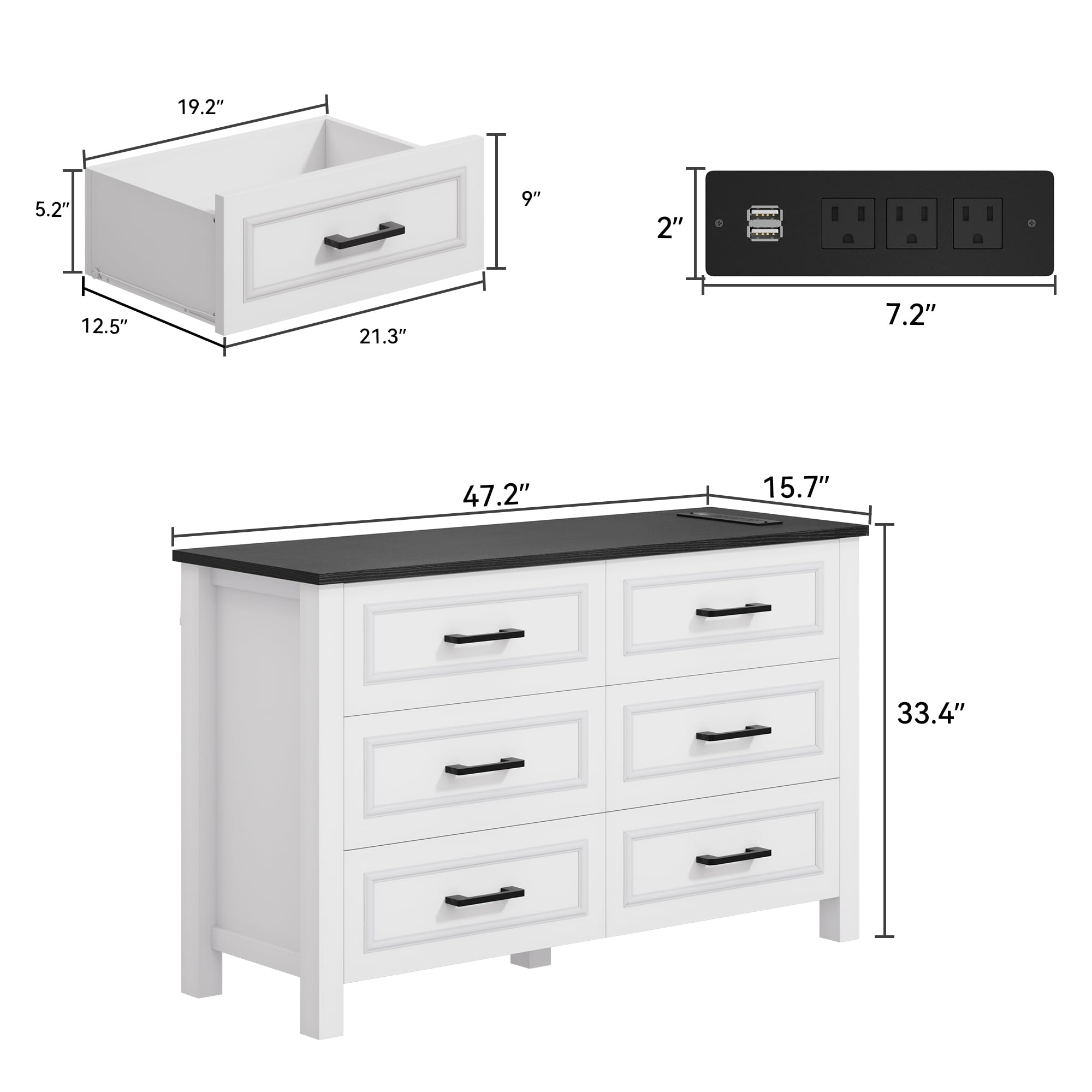 DWVO Farmhouse Wooden Dresser TV Stand with Power Outlet, 6-Drawer Dresser with Large Storage Drawers and Bar Handles, Ideal for Living Room, Hallway, 47.2" L x 15.7" W x 33.4" H - White & Black
