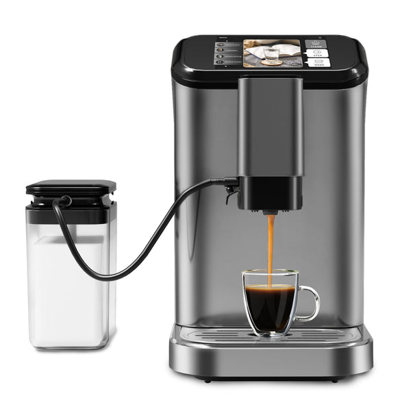 GarveeHome Automatic Espresso Machine & Milk Frother with Stainless Steel Conical Burr Grinder, Integrated 0.75L Milk Container & 1.5L Water Tank, One-Touch Brew Cappuccino & Latte Machine (Grey)