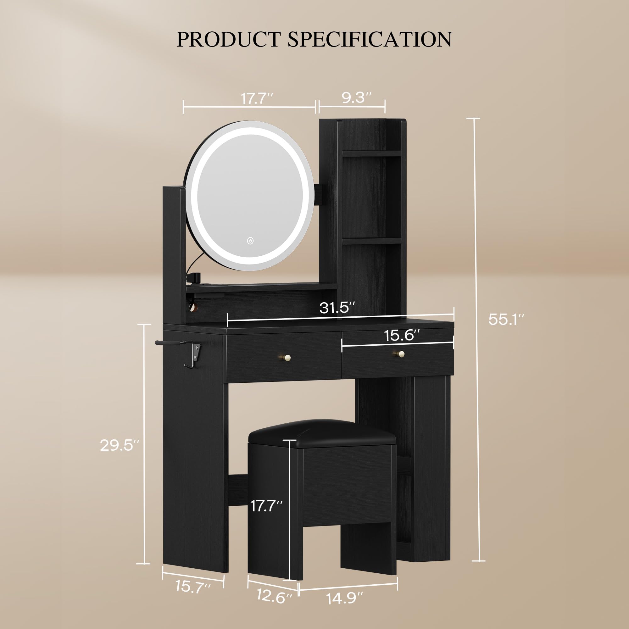 YITAHOME Vanity Desk, Vanity Mirror with Lights, Makeup Vanity Set with 2 Drawers, 3 Lighting Modes and Charging Station, Makeup Table with Lots Shelves and Stool, Black