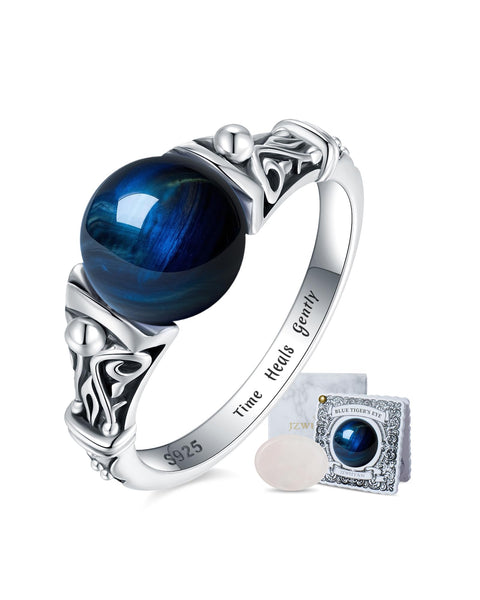 JZWUYAN Decompression Swivel Ring - 925 Sterling Silver Natural Gemstone Ring with Amethyst, Moonlight, Obsidian, Garnet, Anxiety Relief Crystal Healing Jewelry Gift for Women Mom Daughter She (Blue Tiger's Eye, 7)