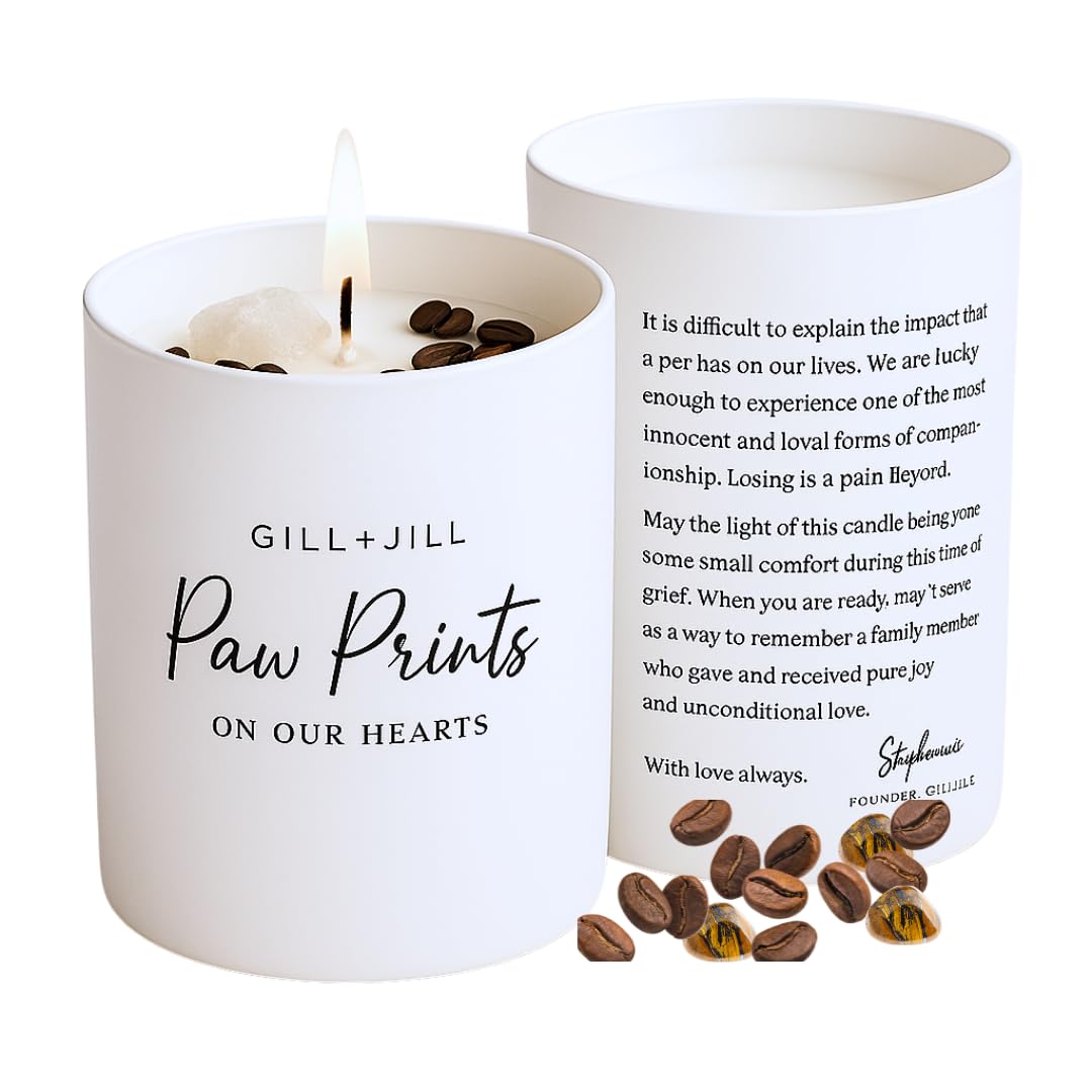 Premium Paw Prints Pet Memorial Candle for Pet Loss Sympathy Gift, Memorial Candle, Rainbow Bridge Dog Gifts Paraffin-Free 100% Natural Soy Wax Blend with Clear Quartz, Tiger Eye and Coffee Beans